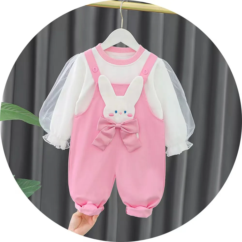 2024 New Fashion Kids Girl Clothing Sets Autumn Baby Girl Clothes Suits Cotton Children\'s Shirt+Straps Toddler pants Rabbit