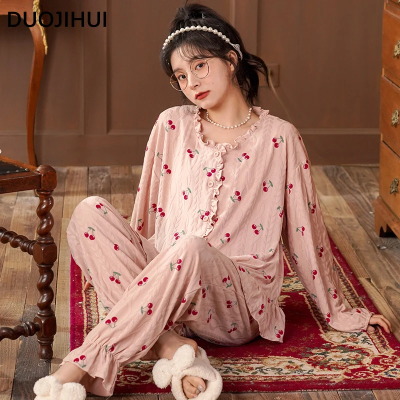 DUOJIHUI Sweet Autumn Fashion Print Female Pajamas Set New Long Sleeve Cardigan Casual Pant Solid Color Simple Pajamas for Women