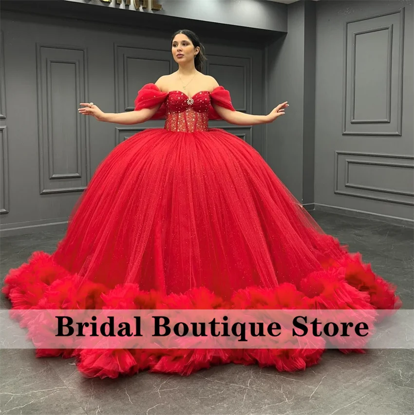 New Design 2024 Red Sweetheart Quinceanera Dress Princess Beads Crystals Tiered Ruffles 16th Ball Gown Birthday Party Vestidos