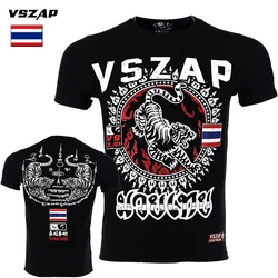 Vszap Muay Thai T Shirt bawełniana koszulka bokserska Grappling Kickboxing walka koszulka treningowa krótki rękaw BJJ MMA Rashguard Jiu Jitsu