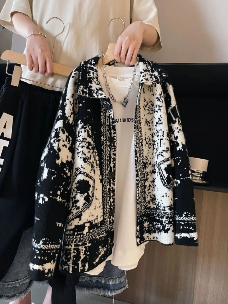 Vintage-Inspired Retro Floral Collared Boy's Oversized Knit Cardigan - Color-Blocked Boy's Sweater for Boys Ages 8-12