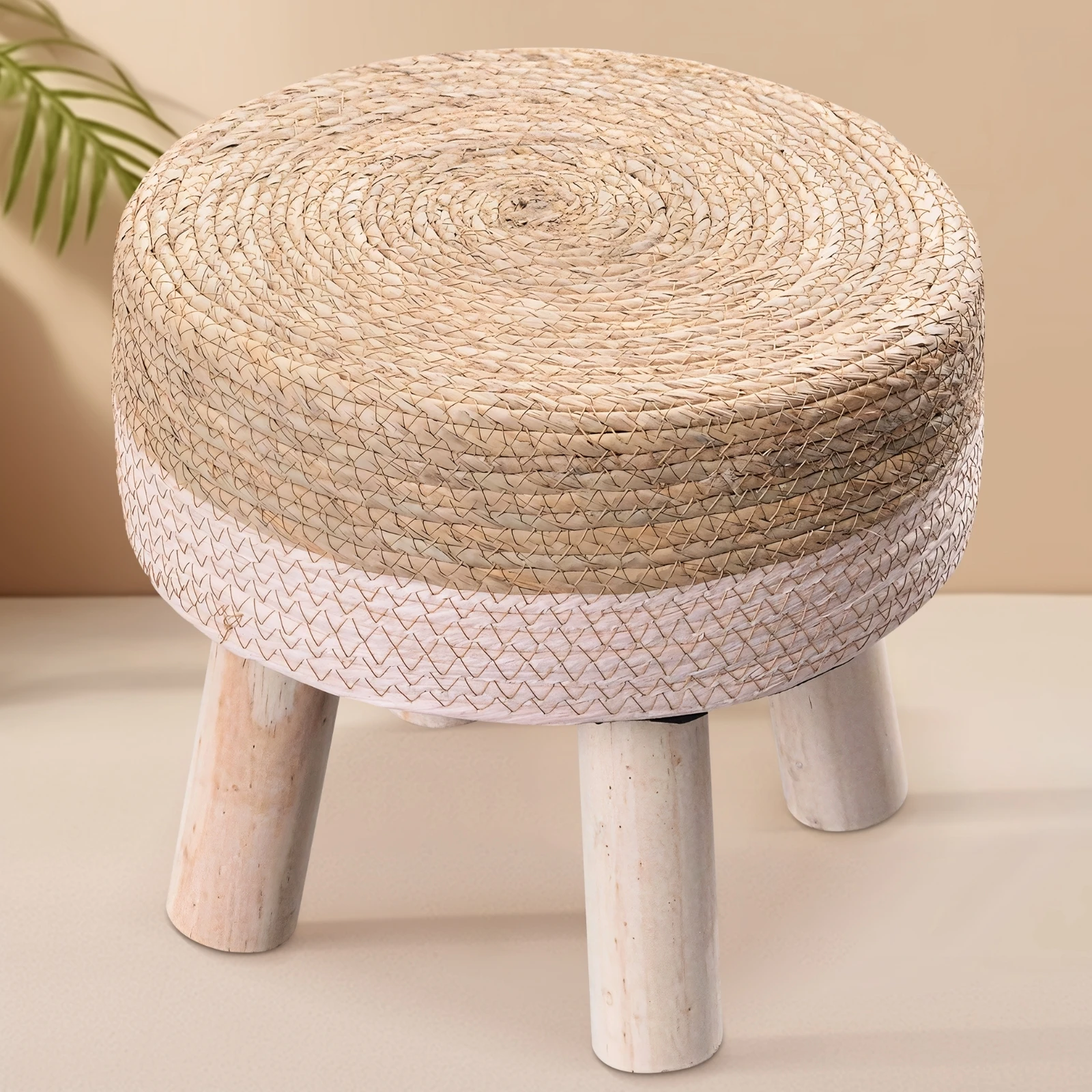 Natural Seagrass Rattan Footstool Hand Woven Pouf Foot Stool Wood Legs Couch Soft Step Stool Shoe Change Stool Padded Foot Rest