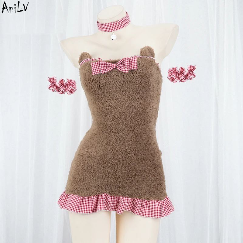 Anillv Anime Kawaii Girl Cute Furry Bear Dress Maid Cafe Cat cameriere Unifrom Cosplay donna peluche pigiama abiti costumi