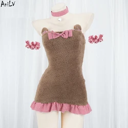 AniLV Anime Kawaii Girl Cute Furry Bear Dress Maid Cafe Cat Waiter Unifrom Cosplay Women Plush Pajama Outfits Costumes