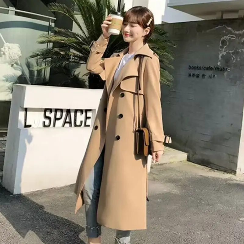 Double-Breasted Windbreaker Commuting High-end Autumn Coat Long Cut New Style British-Style Lapelled Knee-length Women Overcoat