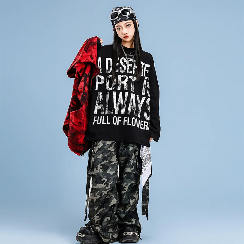 Jungen K-Pop Cool Print Kapuzenweste Street Dance Camo Hosen Kostüm Jungen Hip Hop Langarm Top Gruppe Streetwear Kleidung Sets