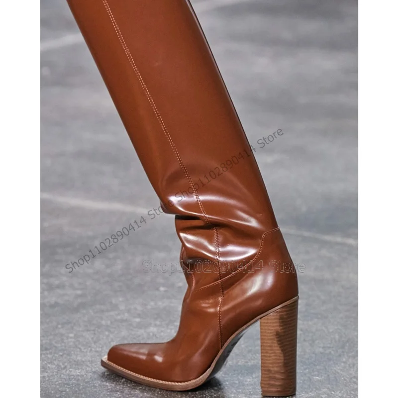 Brown Black Sewing Design Pointy Toe Boots Knee High Slip On Women Shoes Chunky High Heels New Fashion 2023 Zapatos Para Mujere