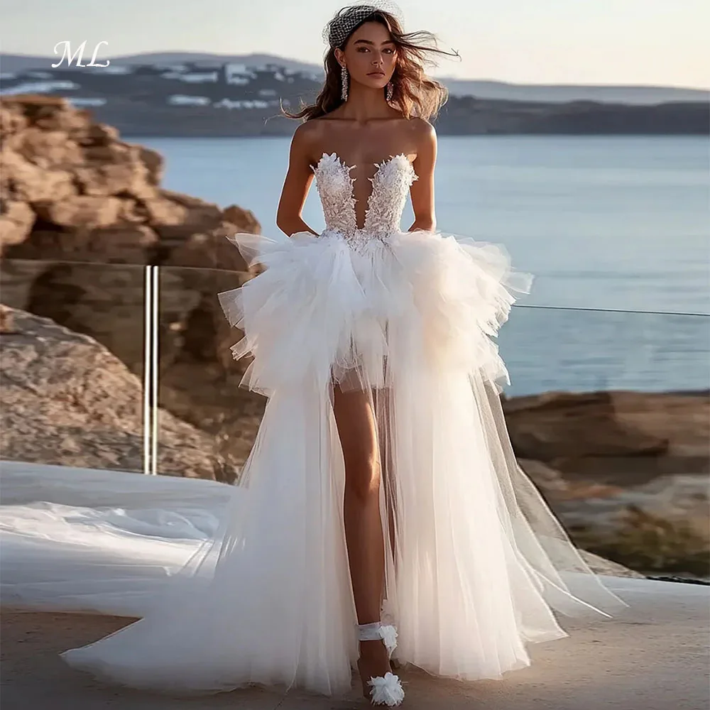 ML Modern Hi-Lo Wedding Dress Dreep V-Neck Side High Slit Ivory Tulle Sweep Train Bridal Party Gown Customized Vestidos De Novia