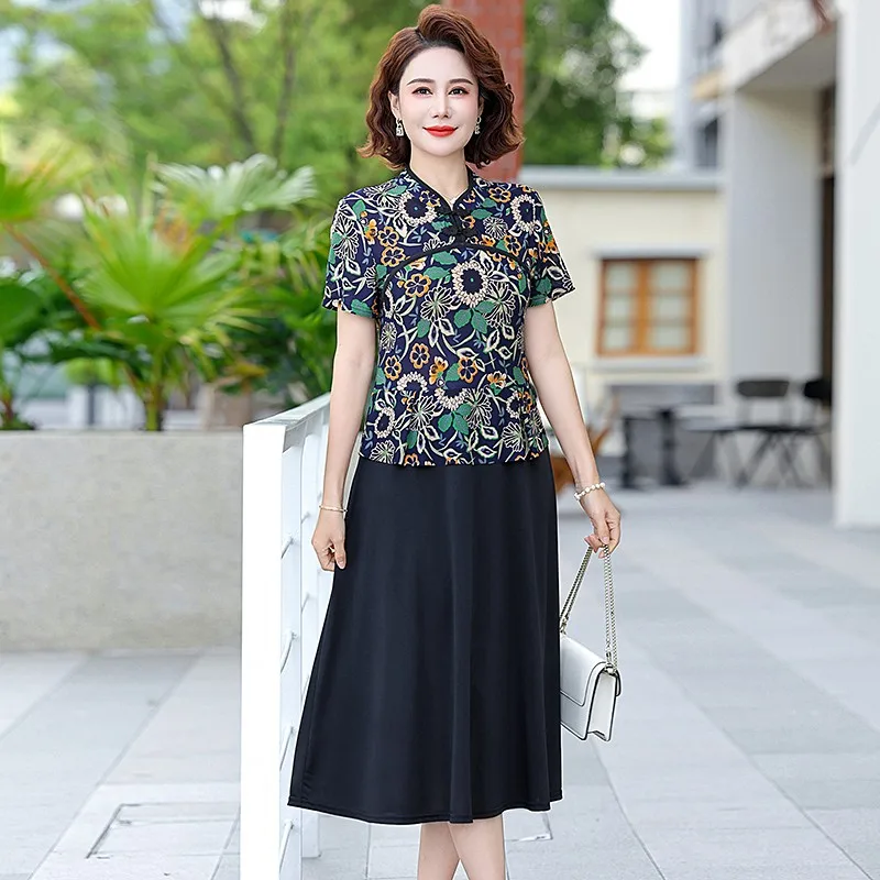 Asian style patchwork Button Midi Dress Female Clothing Vintage Broken Flowers Summer Short Sleeve Elegant A-Line Dresses