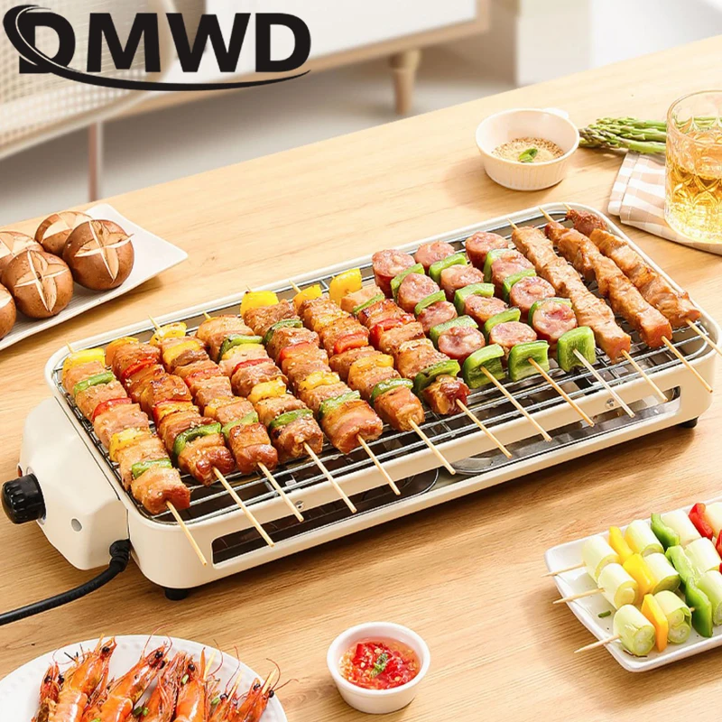 DMWD 220V Smokeless BBQ Electric Kebab Rotary Grill Stove Rotisserie Teppanyaki Barbecue Non-stick Frying Pan Skewer Griddle