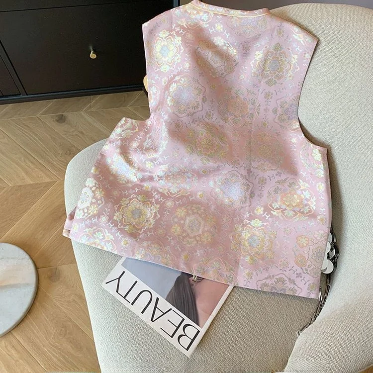 

New Chinese Sle Women's Vest Svel Satin Embroidery Top Spring Autumn Outerwear Floral Pattern round Ne ort Length