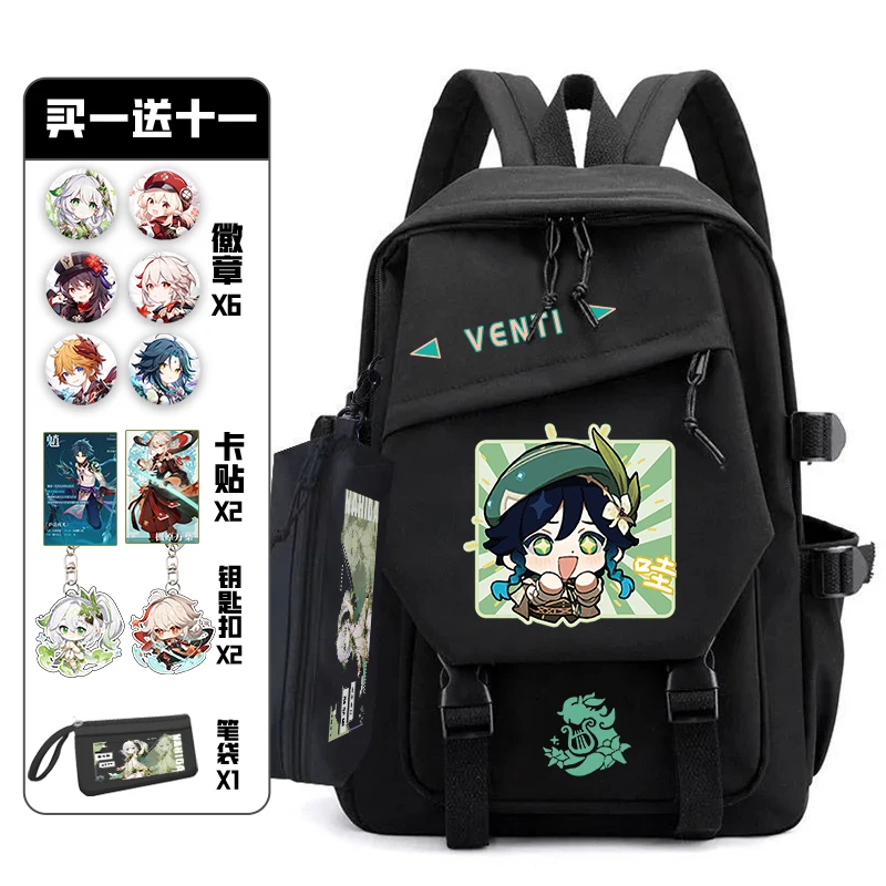 Genshin Impact Anime Mochila com Pacote de Dor Emblema, Teenagers Schoolbag, Student Book Travel Bag, Girl and Boy Cosplay, 11Pcs