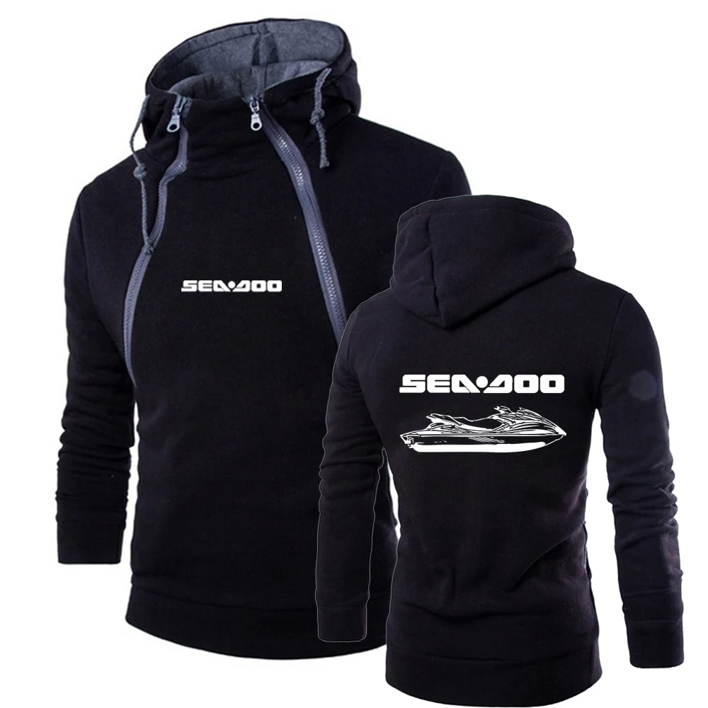 

Sea Doo Seadoo Moto Men's New Solid Color Hoodie Double Zipper Design Pullover Hooded Sweatshirt Long Sleeve Sports Sweater Tops