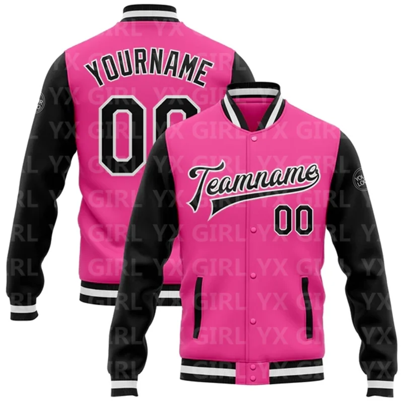 Blouson Bombardier Personnalisé à Deux Tons, Rose, Noir et Blanc, avec lèvent de Baseball Imprimés en 3D