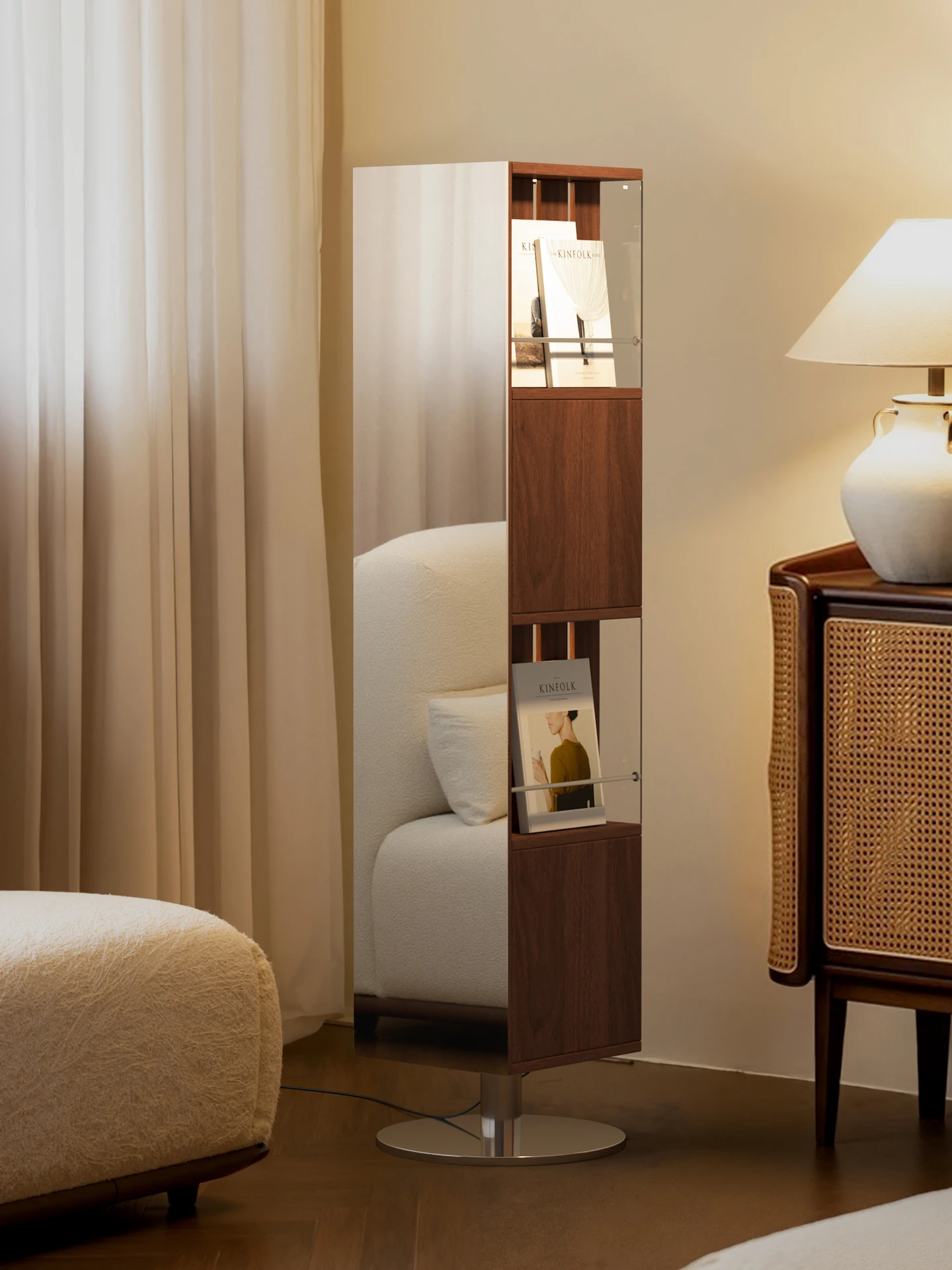 Rotating bookshelf full mirror integrated antique bookshelf magazine shelf display cabinet with ambient light solid wood