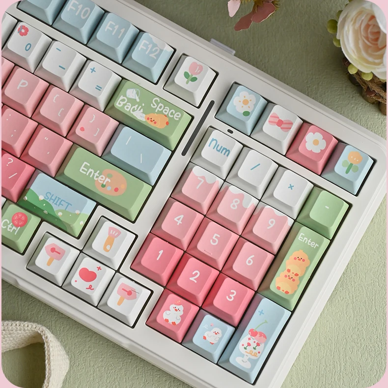 

140Keys Pink Keycap Spring Outing Duck Theme Cherrypbt Gradient Color Cute Lotus Leaf Pond Element Keycap Diy Sublimation Keycap