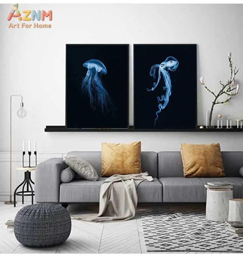 AZNM Blue Xray Jellyfish Squid Goldfish Pineapple Canvas Print Unframed Wall Art Marine Biology Ocean Decor Poster