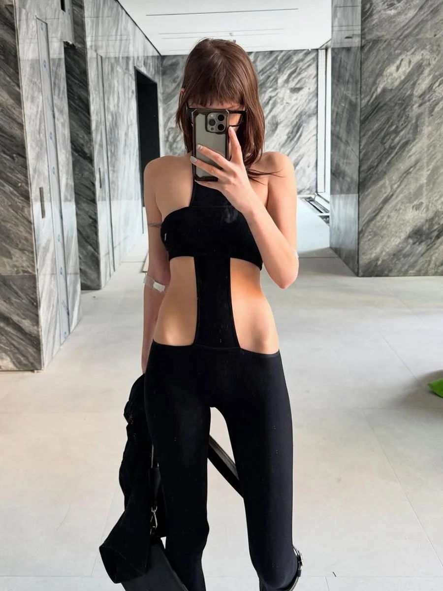 

Women's Trendy Halter Neck Cross Strap Cutout Bodysuit - Black/White Slim Fit Bodycon Bodysuit, Sexy Hot Girl Chic Spring Summer