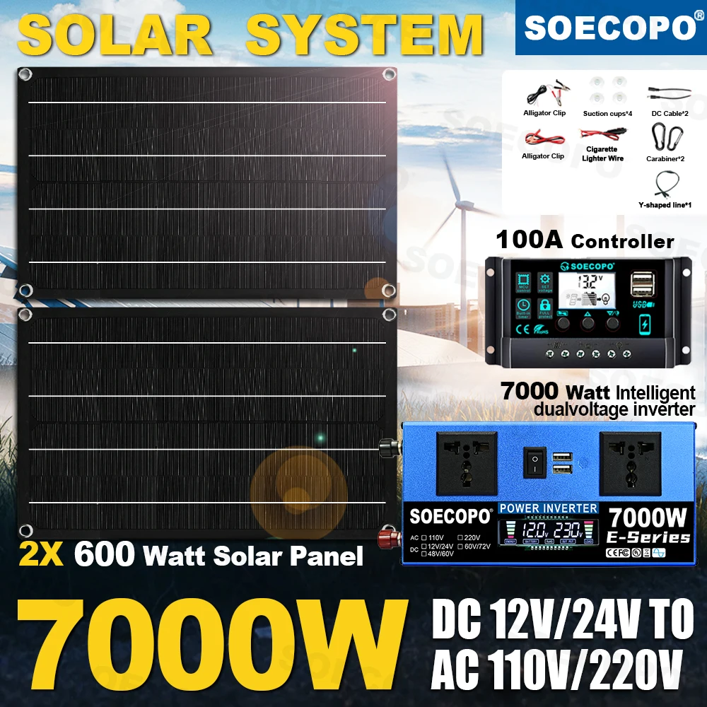 Portable Solar System Complete Kit 7000W 12V/24V To 110V/220V Inverter 2*600W Photovoltaic Panel 100A Controller Home Balcony