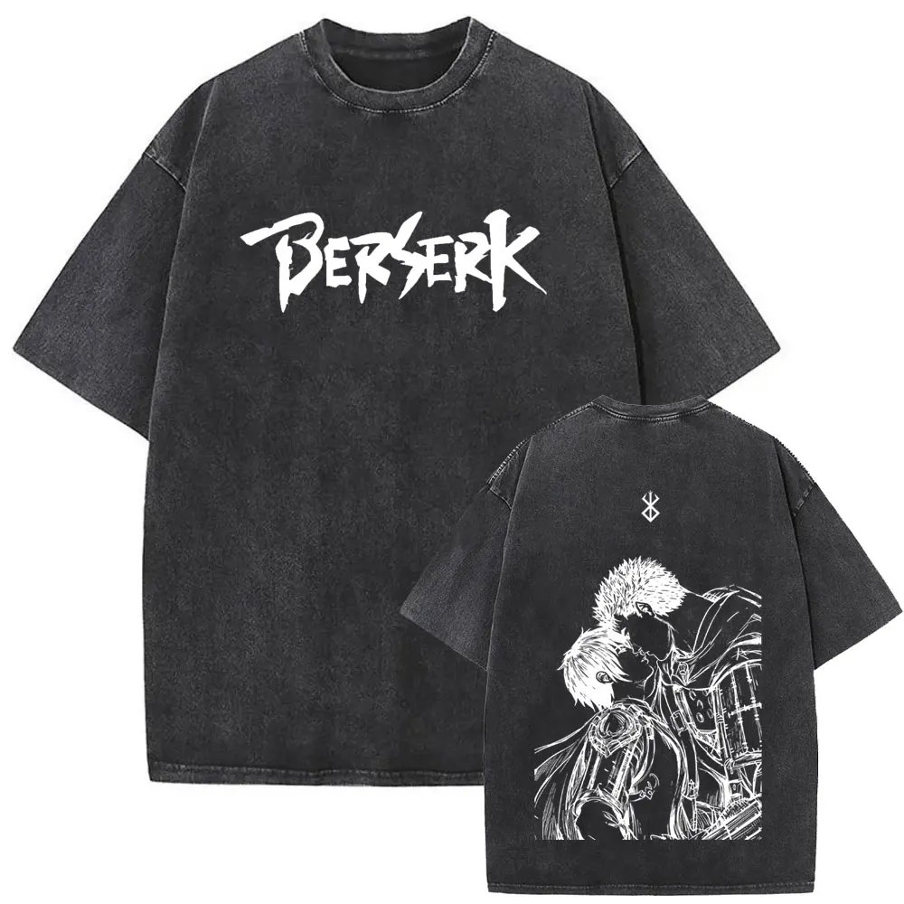 Vintage Anime Berserk T-shirt Griffith Guts Printed T Shirt Men High Quality Washed Cotton T-shirts Harajuku Male Oversized Tees