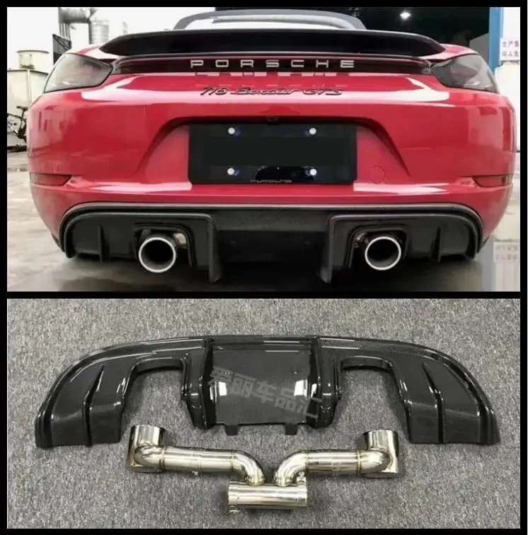 Real Carbon Fiber Rear Bumper Side Spoilers Lip Trunk Diffuser With Exhaust Tips For Porsche 718 Cayman Boxster 2016-2022