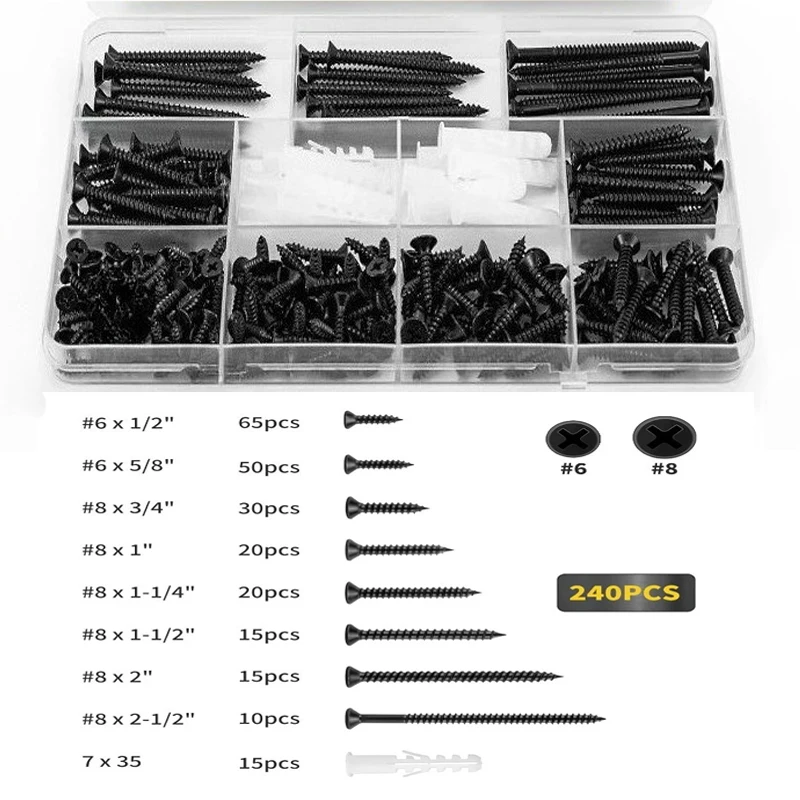 Anchors for Furniture Assembly 240pcs Black Cross Countersunk Wood Flat Head Screws Assortment Kit Phillips Drive Screws with