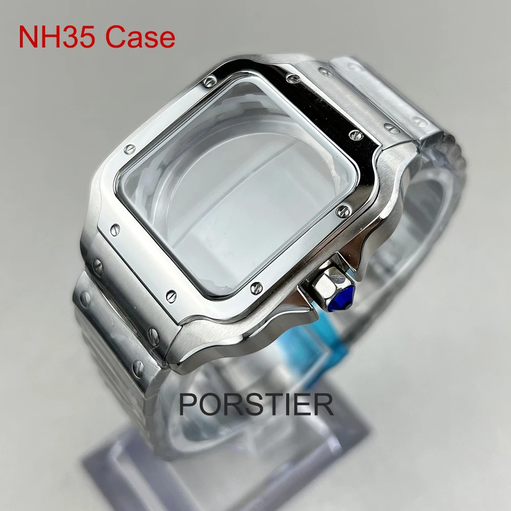 38mm Square Watch Case 316L Stainless steel Watch Accessories for Santos Sliver Modification Parts for NH35 NH36 4R36 Movements