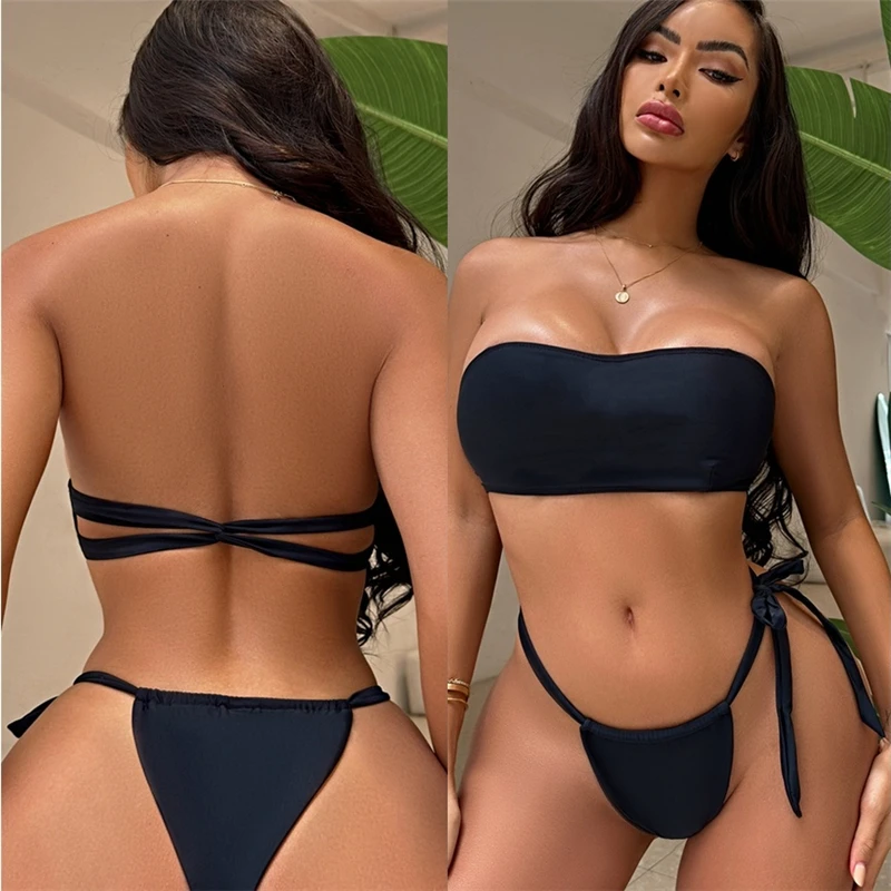

Черный сексуальный купальник-бандо, Женский комплект бикини, однотонный купальник, летняя пляжная одежда, женский купальный костюм, женское бикини