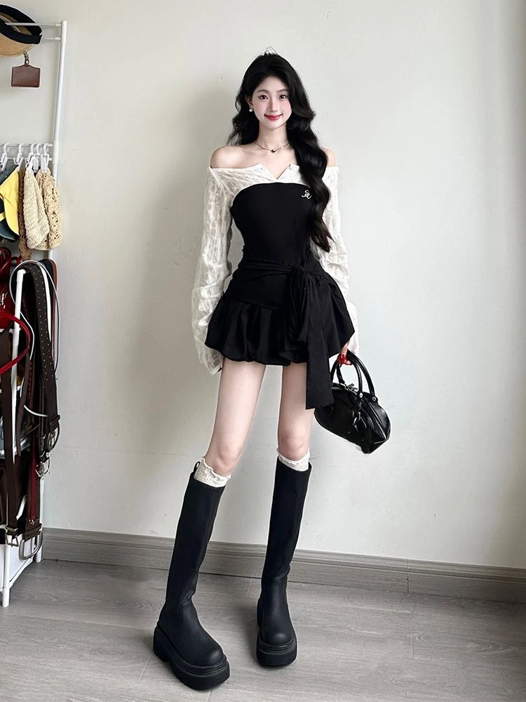 Y2K Subculture T-shirt Long Sleeve Top Women Casual Fake Two Piece Harajuku Korean Style Sweet Cool Style Autumn Casual Tees