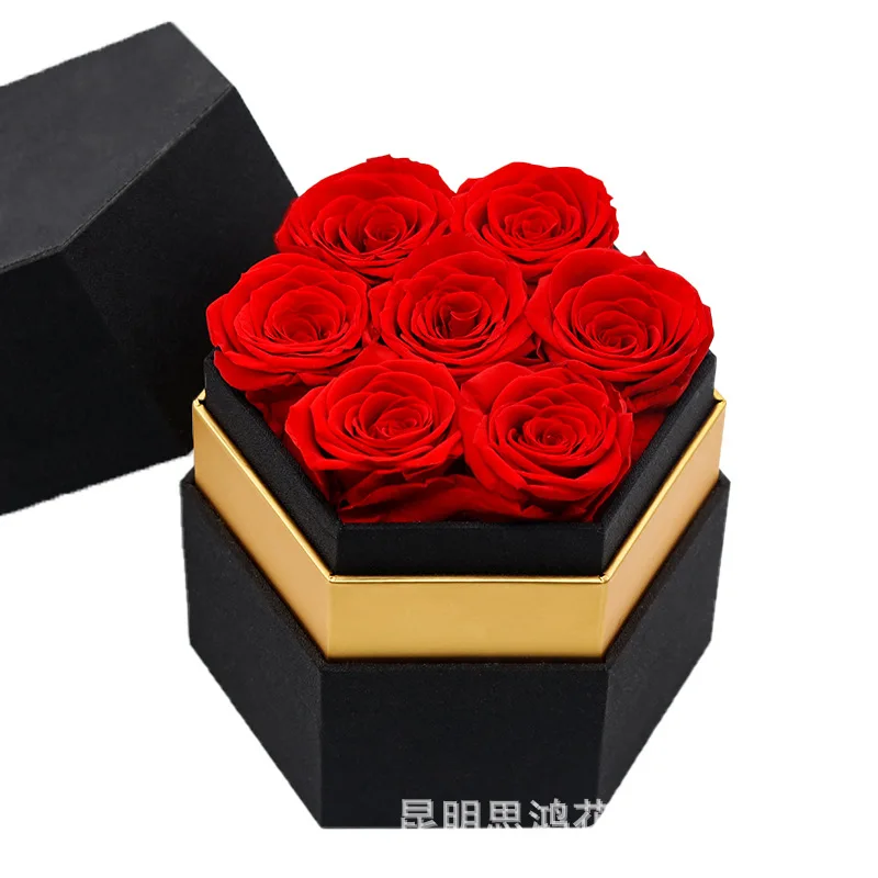 

Ведро с вечным цветком, шестиугольная подарочная коробка Qixi, подарок на День святого Валентина, день матери, готовый продукт, консервированные цветы