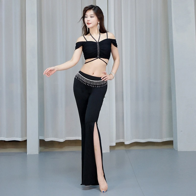 Costume de danse du ventre pour femmes adultes, personnalisé, noir, sexy, fente, pantalon serré, performance d'entraînement, vêtements de danse exotiques, costume papillon