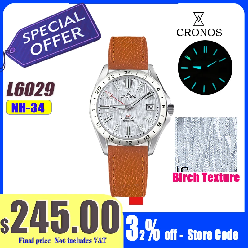 Cronos GS 39 mm Textur-Zifferblatt, mechanische Herrenuhr NH34, automatische mechanische Blase, Saphirglas, gebürstetes Armband, 10 ATM, L6029 V2