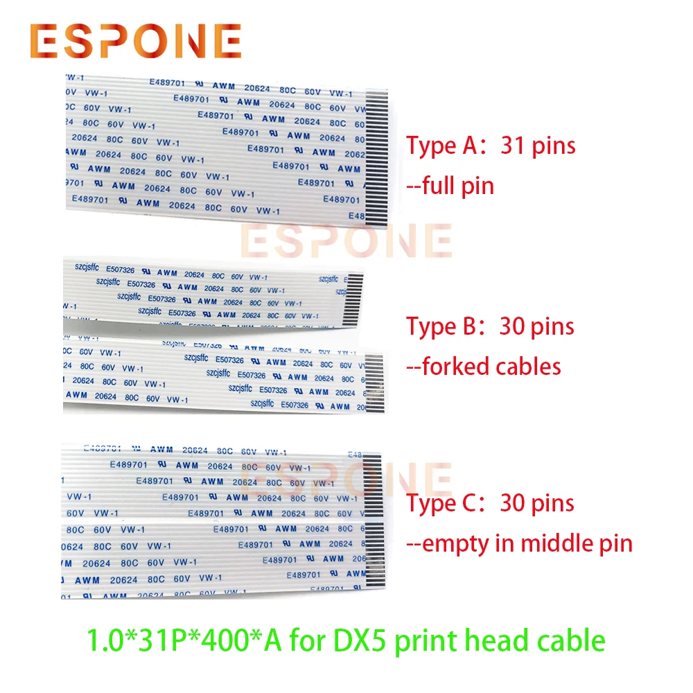 ESPONE 10pcs 31 pins 400mm DX5 head cable for Epson DX5 printhead FFC 31p flat data cable for Allwin Xuli Wit-color Human plotte