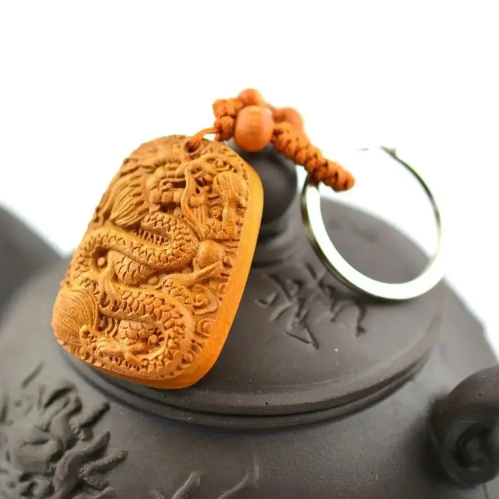 Peach Wood Carving Chinese Dragon Lucky Statue Pendant Buckle Keychain Keyring Chinese Dragon Home Decoration Accessories