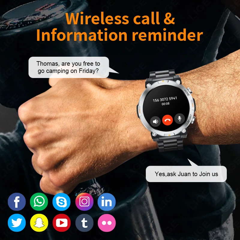 LIGE 1.43-inch AMOLED Screen Military Smart Watch Men Compass Heart Rate Waterproof Bluetooth Calling Smartwatch LED Flashlight