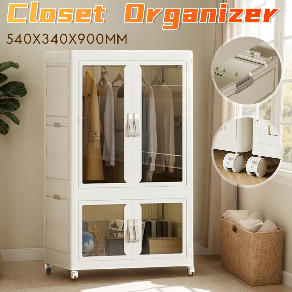 

Folding Plastic Wardrobe with Hanging Rod Clear Door Drawers Pulley Large Capacity Storage Cabinet for Bedroom Clothes Organizer