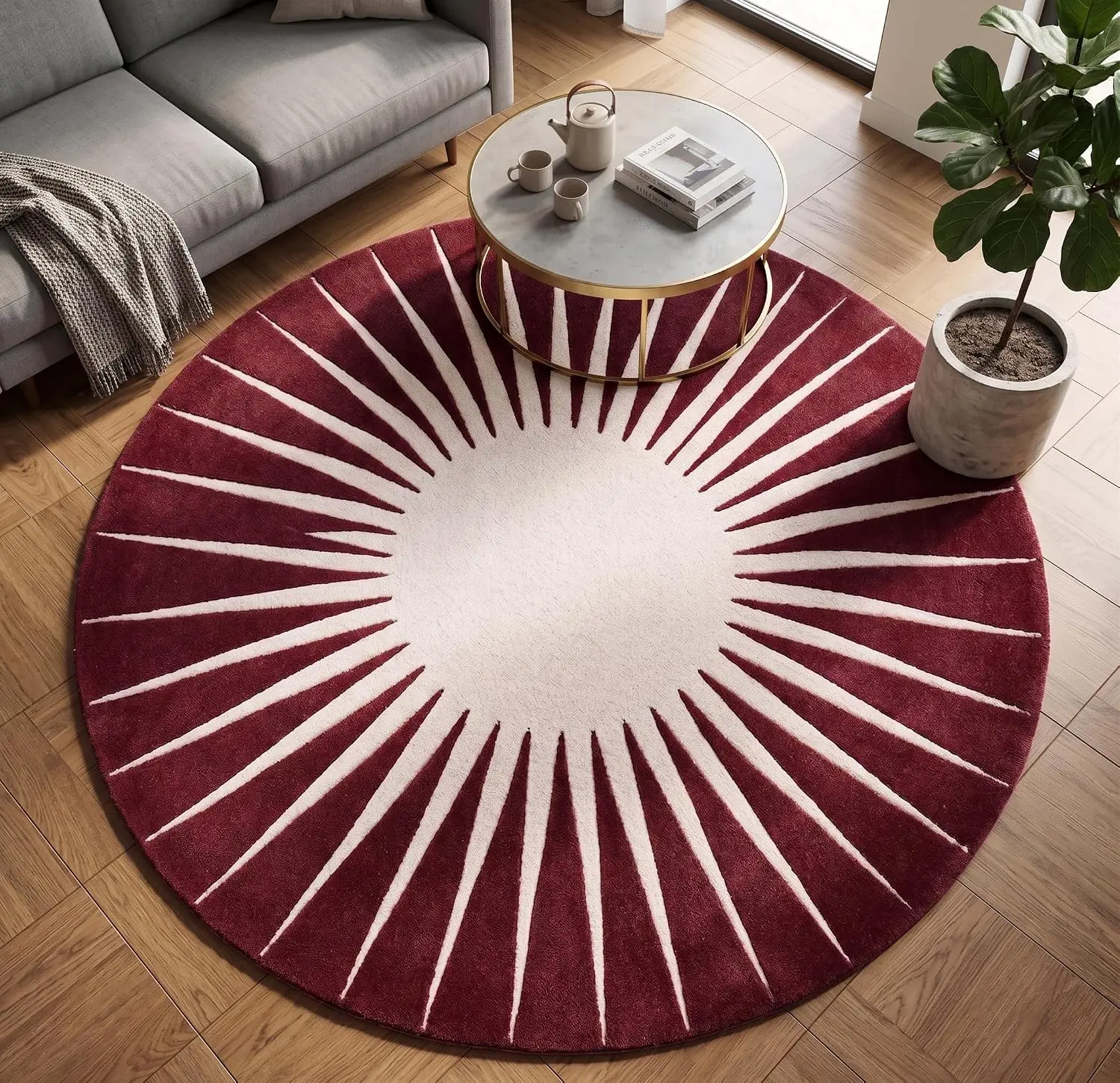 Elegant Round Sunburst Red Geometric Area Rug Polyester Carpet for Modern Living Room Decor Home Accent Floor Covering