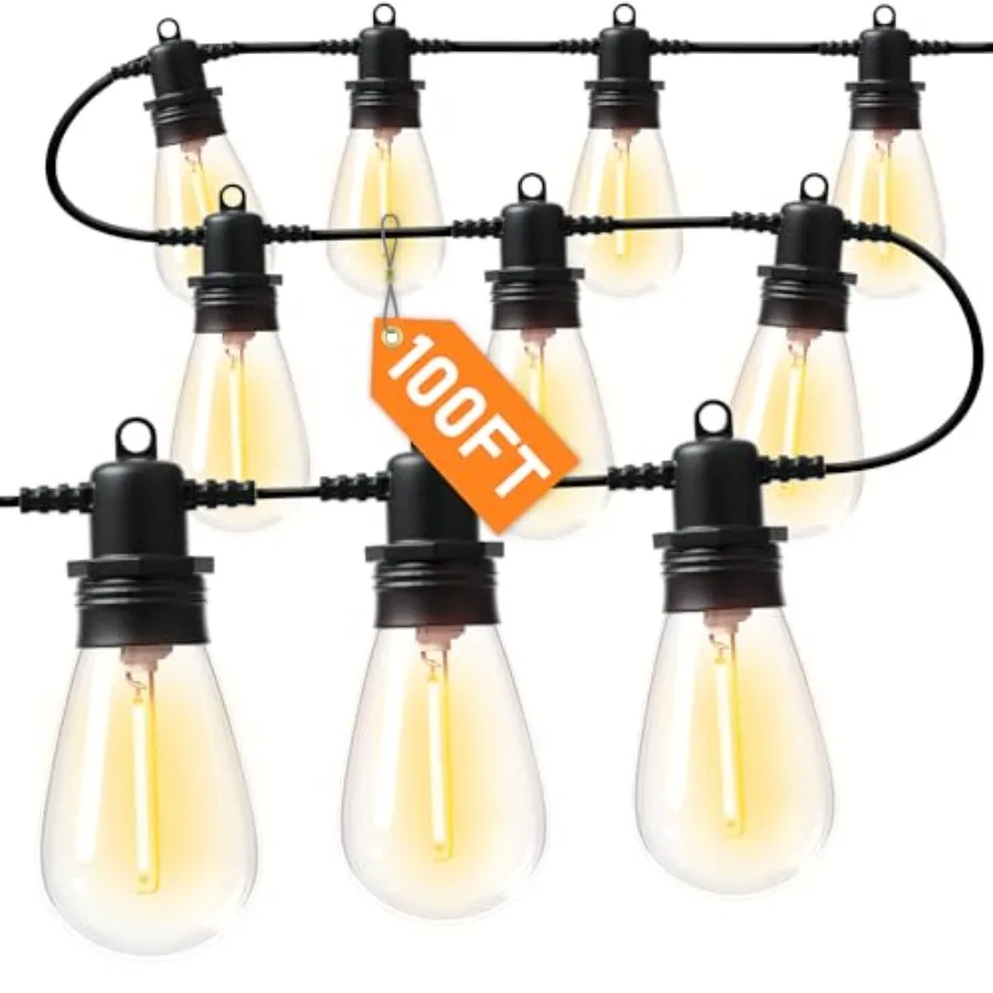 

LED Outdoor String Lights with Edison Shatterproof IP65 Waterproof Bulbs, 2700K Dimmable Commercial Grade Patio Lights, Heavy D