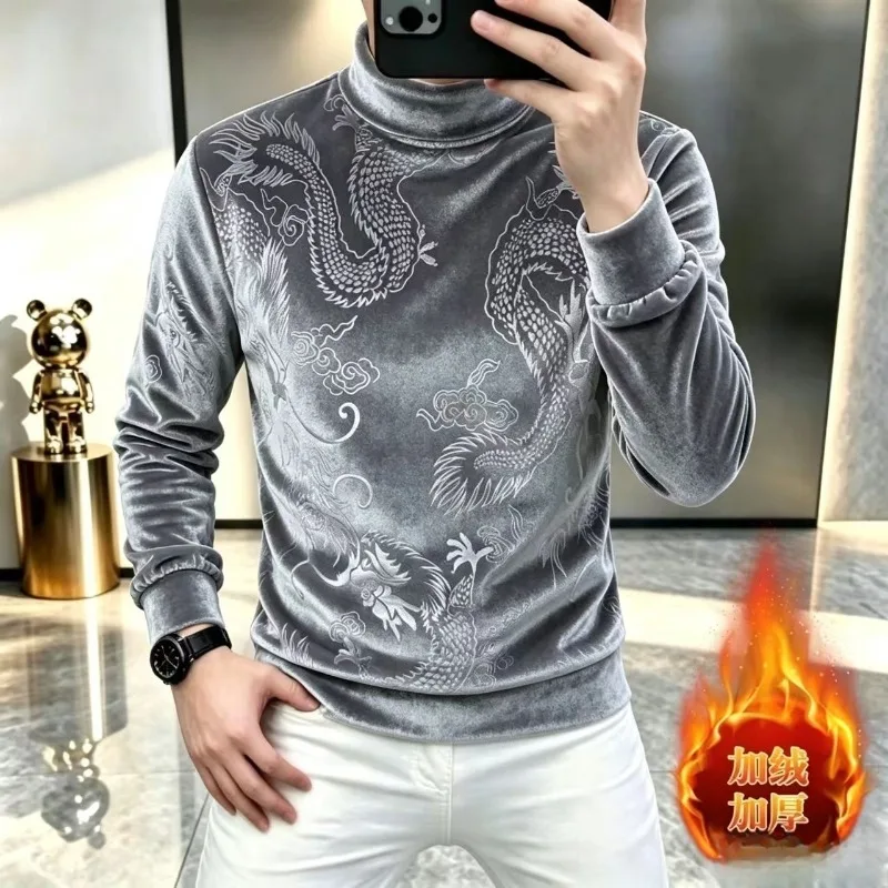 Velvet Half-high Collar Jacquard T-shirt for Men Fleece-lined and Thickened for Warmth Casual Business Social Base Shirt Tee Top