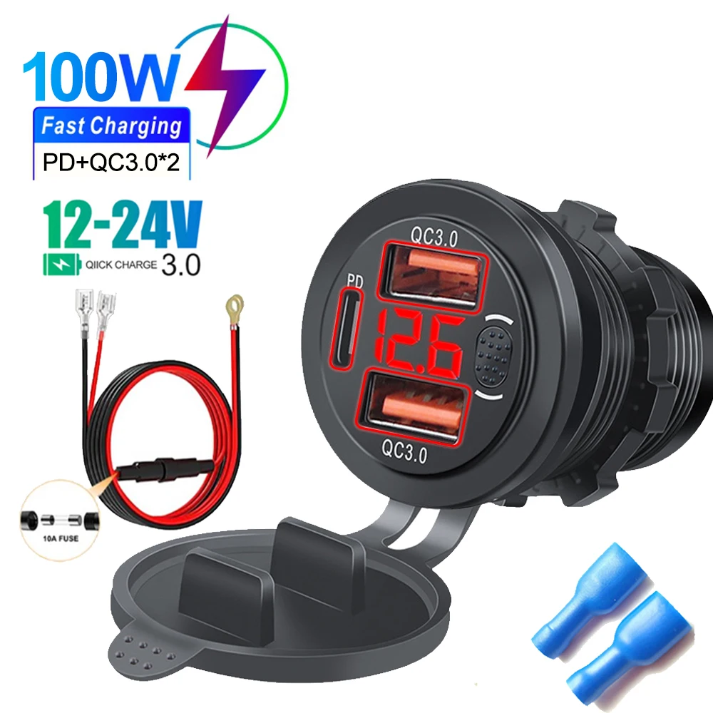 Drie Poorten Autolader PD Dual QC3.0 USB Lader Socket met Met Digitale Voltmeter Knop Schakelaar 12 V/24 V voor Motor Auto