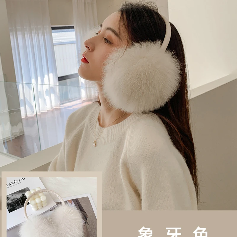 1Real Fox Fur Soft Plush Ear Warmer Winter Accessories Warm Ear Muffs Earmuffs for Women Men Fashion Earflap Ears Cover Scalable