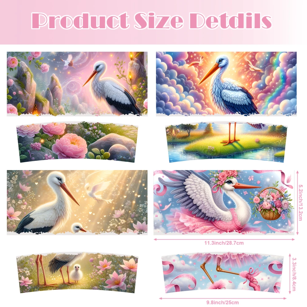 4 Sheets Stork Flower Sky Rainbow Clouds Water Birds Nesting UV DTF Stickers for 40oz Tumblers Decorative Vinyl Transfer