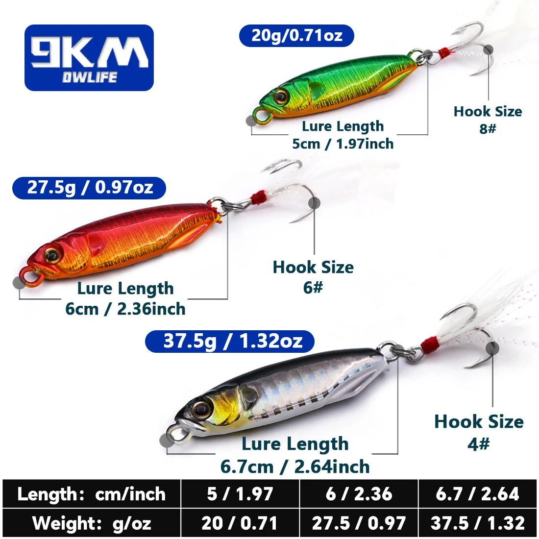 Metal Jigs Fishing Lures 20~37.5g Jigging Lures Trolling Spoon Lures Saltwater Treble Hooks for Tuna Salmon Sailfish Bass