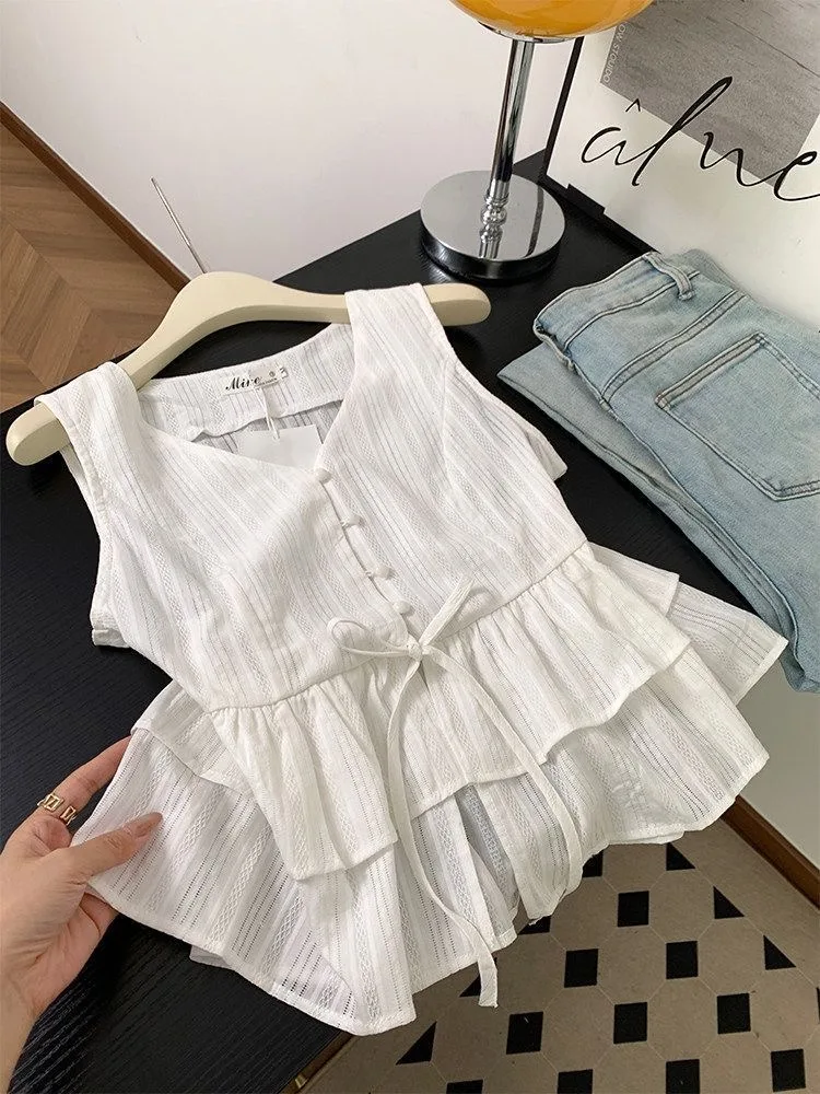 Sweet Lace Trim Belted Sleeveless Shirt Vest Women's Summer High-End Feel Super Beautiful Halter V-neck Top Commute Style