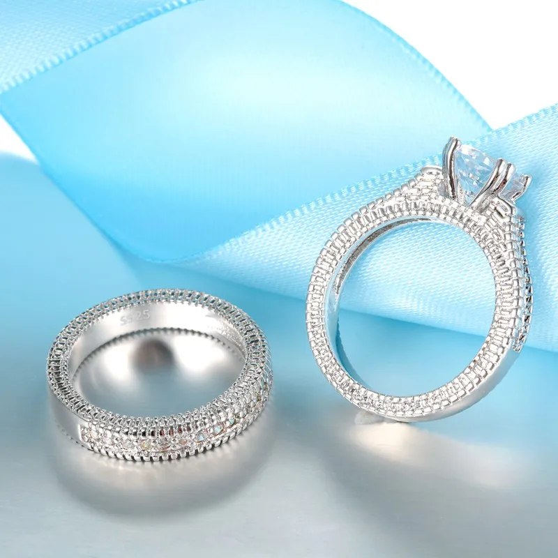 Eleganti anelli di fidanzamento per matrimonio, set di accessori per anniversario in argento sterling 925 con pietra zircone cubiz completamente