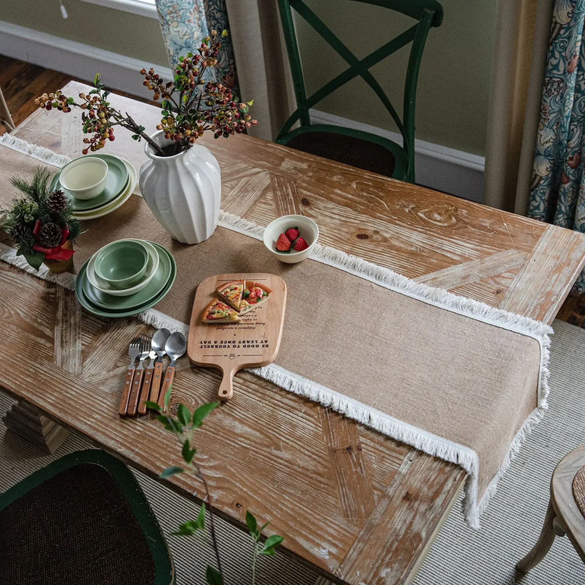 Table Runner Linen with Tassel Lace Elegant Rustic Table Runners Vintage Retro Rectangle Farmhouse Home Decoration 30 X 180cm