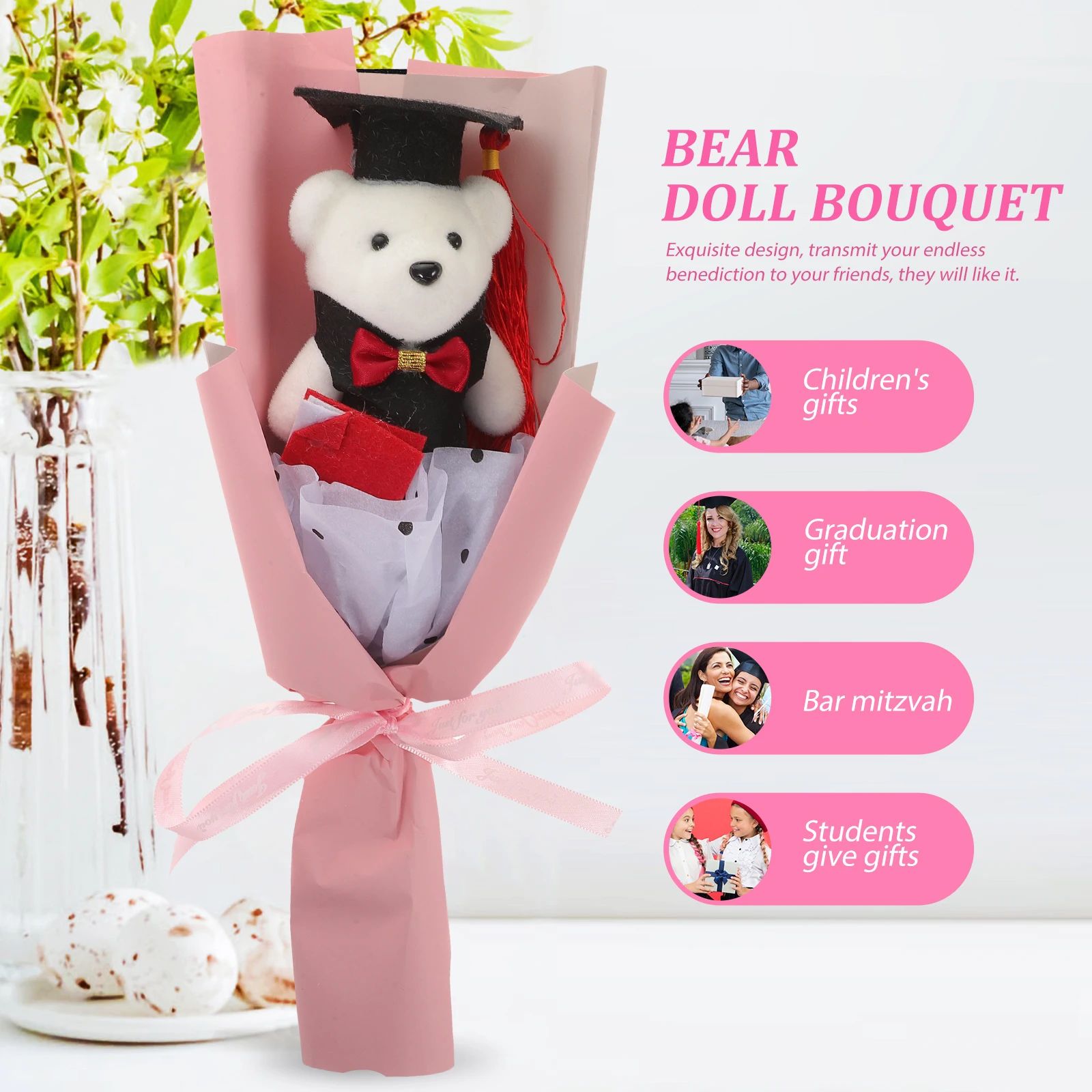 

Graduation Bear Bouquet Purple Toy 2025 Artificial Flowers Scented Decor Photo Gifts Students Party Bedroom Accessories