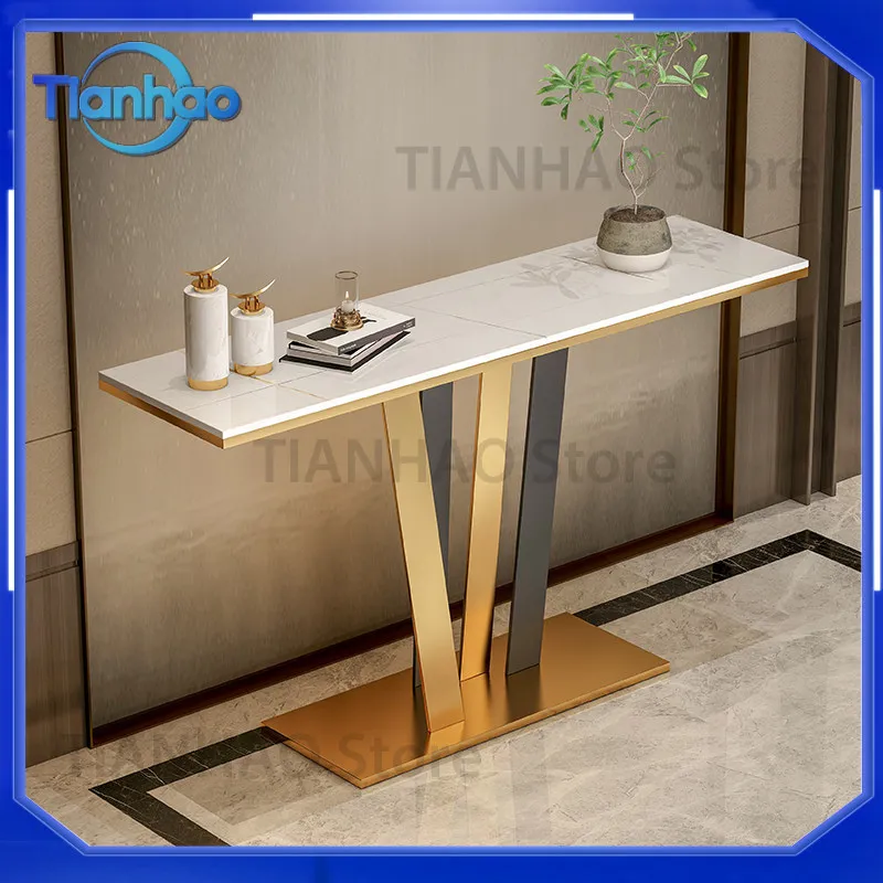 Modern Metal Entrance Table for Stainless Steel and Wrought Iron Living Room Wall-Mounted Marble Top Light Luxury Entryway
