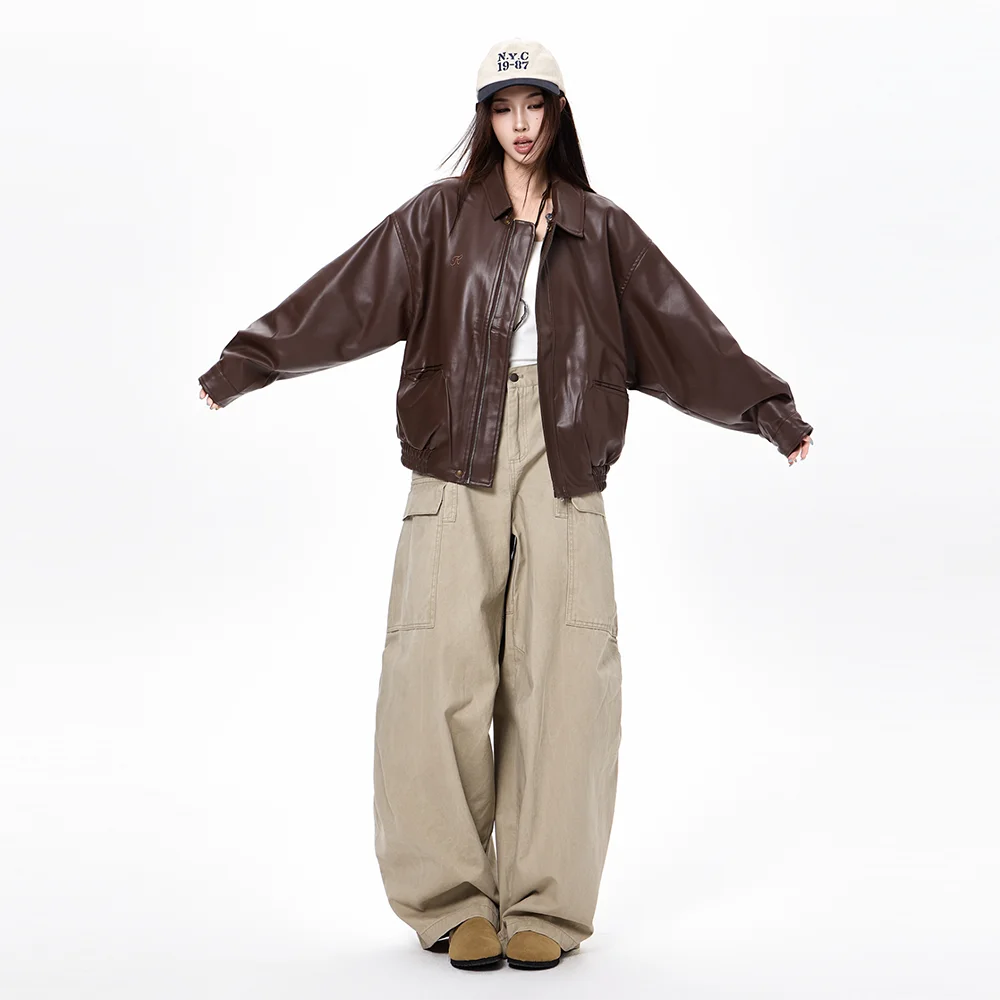 سترة نسائية كلاسيكية فضفاضة من الجلد الصناعي Pu قصيرة مع ملابس الشارع الشهير معطف نسائي بسحاب ريترو لسائقي الدراجات النارية معاطف خارجية للزوجين