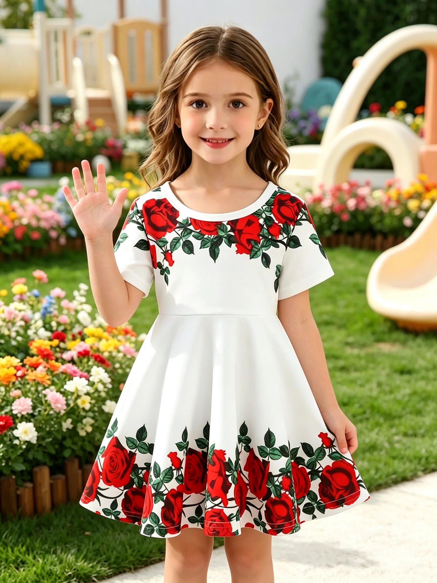Girls Floral Print Dress Casual Style for Spring/Summer Daily Travel Comfortable Lightweight Dress for Young Girls